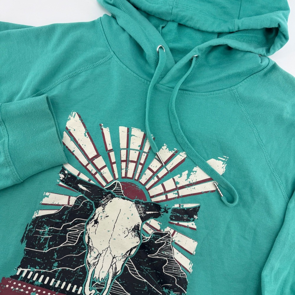 Rock & Roll Denim Mens XXL Teal Green‎ Longhorn Skull Graphic Hoodie RRMT94R0SY